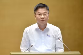 Phó Thủ tướng, Bộ trưởng Bộ Tư pháp Lê Thành Long trình bày Tờ trình về phương án gia hạn trả nợ đối với khoản vay tái cấp vốn theo Nghị quyết số 135/2020/QH14 ngày 17/11/2020 của Quốc hội. (Ảnh: Phương Hoa/TTXVN)