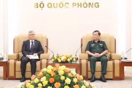 Thượng tướng Hoàng Xuân Chiến và Ngài Aleksander Surdej tại buổi tiếp. (Ảnh: Hồng Pha/TTXVN phát)