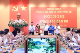 Các đại biểu chúc mừng bà Bùi Thị Minh Hoài. (Ảnh: TTXVN phát)