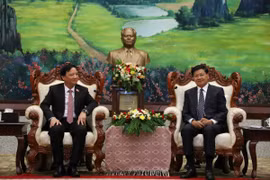 Tổng Bí thư, Chủ tịch nước Lào Thongloun Sisulith tiếp thân mật Phó Chủ tịch Quốc hội Việt Nam Nguyễn Khắc Định và Đoàn. (Ảnh: Xuân Tú/TTXVN)