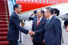 Chủ nhiệm Văn phòng Chủ tịch nước Lê Khánh Hải và Chủ tịch Ủy ban Nhân dân thành phố Hà Nội Trần Sỹ Thanh đón Tổng thống Indonesia Joko Widodo tại sân bay quốc tế Nội Bài. (Ảnh: An Đăng/TTXVN)