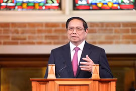 Thủ tướng Phạm Minh Chính phát biểu về chính sách của Việt Nam tại Đại học Victoria. (Ảnh: Dương Giang/TTXVN)