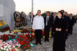 Bà Nguyễn Thị Kim Ngân, Ủy viên Bộ Chính trị, Chủ tịch Quốc hội, Chủ tịch Hội Hữu nghị Việt Nam-Cuba dẫn đầu đoàn Đại biểu Đảng và Nhà nước Việt Nam viếng lãnh tụ Cuba Fidel Castro. (Ảnh: Trọng Đức/TTXVN)