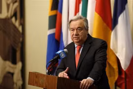 Tổng thư ký Liên hợp quốc Antonio Guterres phát biểu trong cuộc họp báo tại New York, Mỹ. (Nguồn: THX/TTXVN)