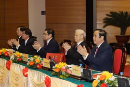 Tổng Bí thư Nguyễn Phú Trọng dự Hội nghị trực tuyến toàn quốc tổng kết công tác tổ chức xây dựng Đảng năm 2017, triển khai nhiệm vụ năm 2018. (Ảnh: Trí Dũng/TTXVN)