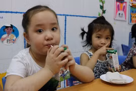 Học sinh tham gia chương trình Sữa học đường. (Nguồn: TTXVN)