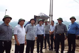Bộ trưởng Bộ Nông nghiệp và Phát triển nông thôn Nguyễn Xuân Cường và đoàn công tác kiểm tra tình hình sạt lở tại đồi Ông Tượng trên công trình Nhà máy Thủy điện Hòa Bình. (Ảnh: Vũ Hà/TTXVN)