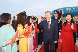 Cán bộ, nhân viên Đại sứ quán và cộng đồng người Việt Nam đón Tổng Bí thư, Chủ tịch nước Tô Lâm và Phu nhân tại Sân bay Quốc tế Bắc Kinh. (Ảnh: Trí Dũng/TTXVN)