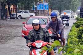 Nhiều phương tiện giao thông rất khó khăn khi lưu thông qua các tuyến đường ngập nước tại thành phố Đồng Hới. (Ảnh: Tá Chuyên/TTXVN)