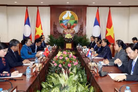 Chủ tịch Quốc hội Nguyễn Thị Kim Ngân hội đàm với Chủ tịch Quốc hội Lào Pany Yathotou. (Ảnh: Trọng Đức/TTXVN)