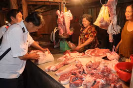 Lực lượng chức năng kiểm tra buôn bán thịt lợn tại các chợ xã. (Ảnh: Huỳnh Phúc Hậu/TTXVN)