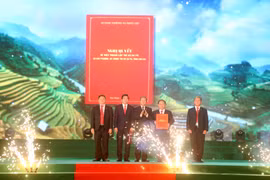 Đại tướng Đỗ Bá Tỵ - Ủy viên Trung ương Đảng, Phó Chủ tịch Quốc hội đến dự và trao Nghị quyết của Ủy ban thường vụ Quốc hội về việc thành lập thị xã Sa Pa và các phường, xã thuộc thị xã Sa Pa tỉnh Lào Cai. (Ảnh: Quốc Khánh/TTXVN)