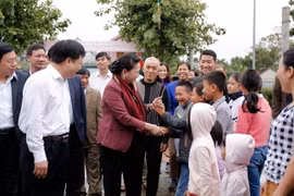 Chủ tịch Quốc hội Nguyễn Thị Kim Ngân thăm hỏi người dân xóm Sen 3, xã Kim Liên, huyện Nam Đàn. (Ảnh: Bích Huệ/TTXVN)