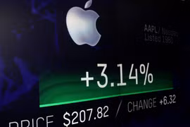 Màn hình điện tử hiển thị giá cổ phiếu của Apple trên trang web sàn giao dịch chứng khoán Nasdaq, New York (Mỹ), ngày 2/8. (Nguồn: Reuters)