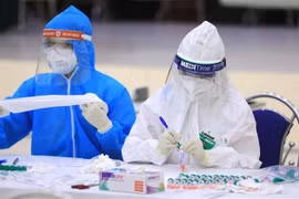 Nhân viên y tế của quận Cầu Giấy, Hà Nội đánh số và tên tuổi các mẫu xét nghiệm PCR của người dân từ Đà Nẵng trở về. (Ảnh: Thành Đạt/TTXVN)