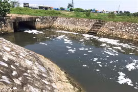 Bọt nổi trắng xóa tại miệng cống trạm Quán Chuột gây ô nhiễm môi trường. (Ảnh: Công Luật/TTXVN)