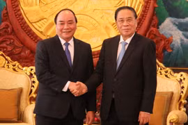 Phó Thủ tướng Chính phủ Việt Nam Nguyễn Xuân Phúc chào xã giao Tổng Bí thư, Chủ tịch nước Lào Chummaly Sayasone. (Ảnh: Phạm Kiên-Nguyễn Chiến/ Vietnam+)