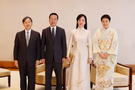 Chủ tịch nước Võ Văn Thưởng và Phu nhân Phan Thị Thanh Tâm hội kiến Nhà vua Naruhito cùng Hoàng hậu Nhật Bản Masako. (Ảnh: Thống Nhất/TTXVN)