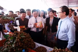  Phó Thủ tướng Vương Đình Huệ và các đại biểu tham quan gian hàng trưng bày sản phẩm nông sản Hưng Yên. (Ảnh: Phạm Kiên/TTXVN)