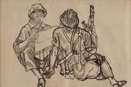Tài liệu kí họa đội bạn, 1985 - Màu nước trên giấy, 39 x 31 cm – Họa sĩ Đào Đức