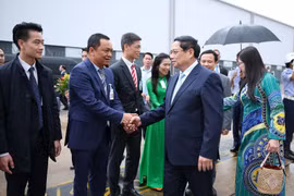 Cán bộ, nhân viên Đại sứ quán Việt Nam tại Brazil đón Thủ tướng Phạm Minh Chính và Phu nhân. (Ảnh: Dương Giang/TTXVN)