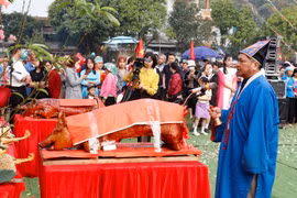 Thầy cúng làm lễ cầu mong mùa màng bội thu, mưa thuận gió hòa đến với người dân địa phương. (Ảnh: Quốc Khánh/TTXVN)