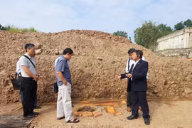 Phó giáo sư-tiến sỹ Tống Trung Tín, Chủ tịch Hội Khảo cổ học Việt Nam (bìa phải) cùng các chuyên gia bên một miệng giếng. (Ảnh: Minh Thu/Vietnam+)