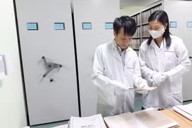 Anh Võ Thiết Cương, Trưởng phòng bảo quản (trái) cho phóng viên xem các trang tư liệu. (Ảnh: Minh Thu/Vietnam+)