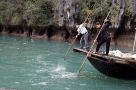 Nhân viên vớt rác trên Vịnh Hạ Long. (Ảnh: Đức Hiếu/TTXVN)