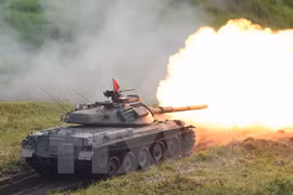 Xe tăng của Lực lượng phòng vệ Nhật Bản tham gia tập trận ngày 18/8. (Nguồn: AFP/TTXVN)