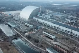Ảnh chụp từ trên cao nhà máy điện hạt nhân Chernobyl ở Pripyat, Ukraine, hôm 7/3. (Ảnh: Bộ Quốc phòng Nga.)