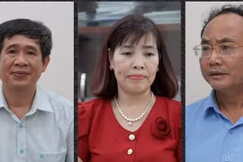 Từ phải qua trái, các bị can Trần Văn Thành, Đinh Thị Ngọc Hoa, Trịnh Ngọc Thủy. (Nguồn: Báo Chính Phủ)