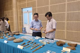 Tiến sỹ Nguyễn Khánh Trung Kiên, Phó Viện trưởng, Giám đốc Trung tâm Khảo cổ học-Viện Khoa học xã hội vùng Nam Bộ và ông Trần Anh Thiện, Giám đốc Bảo tàng tỉnh Bà Rịa-Vũng Tàu cùng xem các hiện vật được trưng bày tại Bảo tàng tỉnh Bà Rịa-Vũng Tàu. (Ảnh: Huỳnh Sơn/TTXVN)