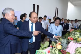 Thủ tướng Nguyễn Xuân Phúc thăm các gian hàng trưng bày sản phẩm tiêu biểu của tỉnh Sóc Trăng. (Ảnh: Thống Nhất/TTXVN)