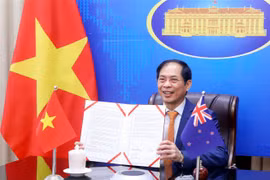 Bộ trưởng Ngoại giao Bùi Thanh Sơn ký chương trình hành động Việt Nam-New Zealand giai đoạn 2021-2024. (Ảnh: Lâm Khánh/TTXVN)