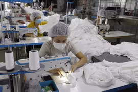 May hàng xuất khẩu tại Công ty may Hoàng Tùng. (Ảnh: Trần Việt/TTXVN)