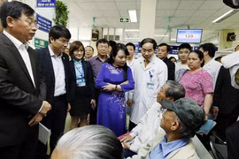 Bộ trưởng Nguyễn Thị Kim Tiến tiếp xúc với người bệnh để kiểm tra công tác chuyên môn tại Bệnh viện Đa khoa Xanh Pôn. (Ảnh: Dương Ngọc/TTXVN)