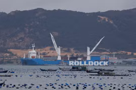 Tàu vận tải hạng nặng Rolldock Storm (Hà Lan) chở tàu ngầm neo đậu tại vịnh Cam Ranh. (Ảnh: Tiên Minh/TTXVN)