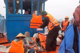 Toàn bộ người già, phụ nữ và trẻ em ở xã đảo Tam Hải, huyện Núi Thành, Quảng Nam đã được đưa vào bờ. (Ảnh: Đoàn Hữu Trung/TTXVN)