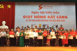Phó Chủ tịch Ủy ban nhân dân thành phố Hải Phòng Nguyễn Đình Chuyến tặng bằng khen cho các tập thể, cá nhân tiêu biểu trong phong trào hiến máu tình nguyện của thành phố Hải Phòng. (Ảnh: TTXVN phát)