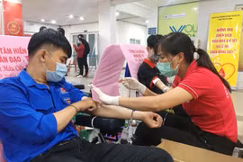 Một đoàn viên thanh niên hiến máu nhân đạo trong sáng 23/1. (Ảnh: Đinh Hằng/TTXVN)
