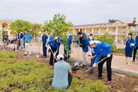 Các đoàn viên thanh niên tham gia trồng cây tại Trường Mầm non Tân Hương, huyện Ninh Giang, tỉnh Hải Dương. (Ảnh: TTXVn phát)