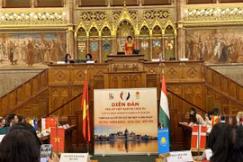 Bà Phan Bích Thiện, Chủ tịch Hội phụ nữ Việt Nam tại Hungary, Trưởng ban tổ chức phát biểu khai mạc diễn đàn. (Ảnh: Nguyễn Thu Hà/TTXVN)