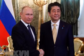 Tổng thống Nga Vladimir Putin (trái) và Thủ tướng Nhật Bản Shinzo Abe tại cuộc gặp ở Moskva, Nga ngày 26/5. (Nguồn: AFP/TTXVN) 