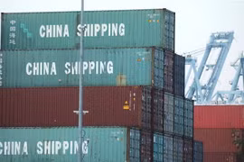 Container hàng Trung Quốc chờ bốc dỡ tại cảng Los Angeles, bang California (Mỹ). (Ảnh: AFP/TTXVN)