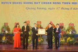 Phó Thủ tướng Vương Đình Huệ trao Bằng công nhận huyện nông thôn mới cho lãnh đạo huyện Quảng Xương, tỉnh Thanh Hóa. (Ảnh: Trịnh Duy Hưng/TTXVN)