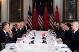 Phái đoàn Mỹ do Đại diện Thương mại Robert Lighthizer (thứ nhất, trái) đứng đầu trong cuộc đàm phán với phái đoàn Trung Quốc do Phó Thủ tướng Lưu Hạc (thứ nhất, phải) đứng đầu tại Washington DC., ngày 21/2/2019. (Ảnh: AFP/TTXVN)