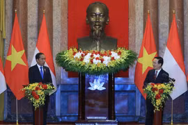 Chủ tịch nước Võ Văn Thưởng và Tổng thống Indonesia Joko Widodo tại buổi gặp gỡ báo chí. (Ảnh: Thống Nhất/TTXVN)