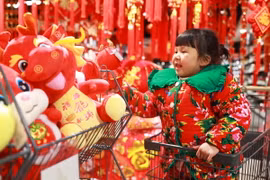 Em nhỏ thích thú ngắm nhìn đồ trang trí Tết Nguyên đán Giáp Thìn tại siêu thị ở tỉnh Quý Châu, Trung Quốc. (Ảnh: THX/TTXVN)