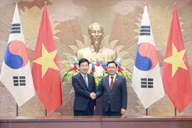 Chủ tịch Quốc hội Vương Đình Huệ và Chủ tịch Quốc hội Hàn Quốc Kim Jin-pyo. (Ảnh: Doãn Tấn/TTXVN) 